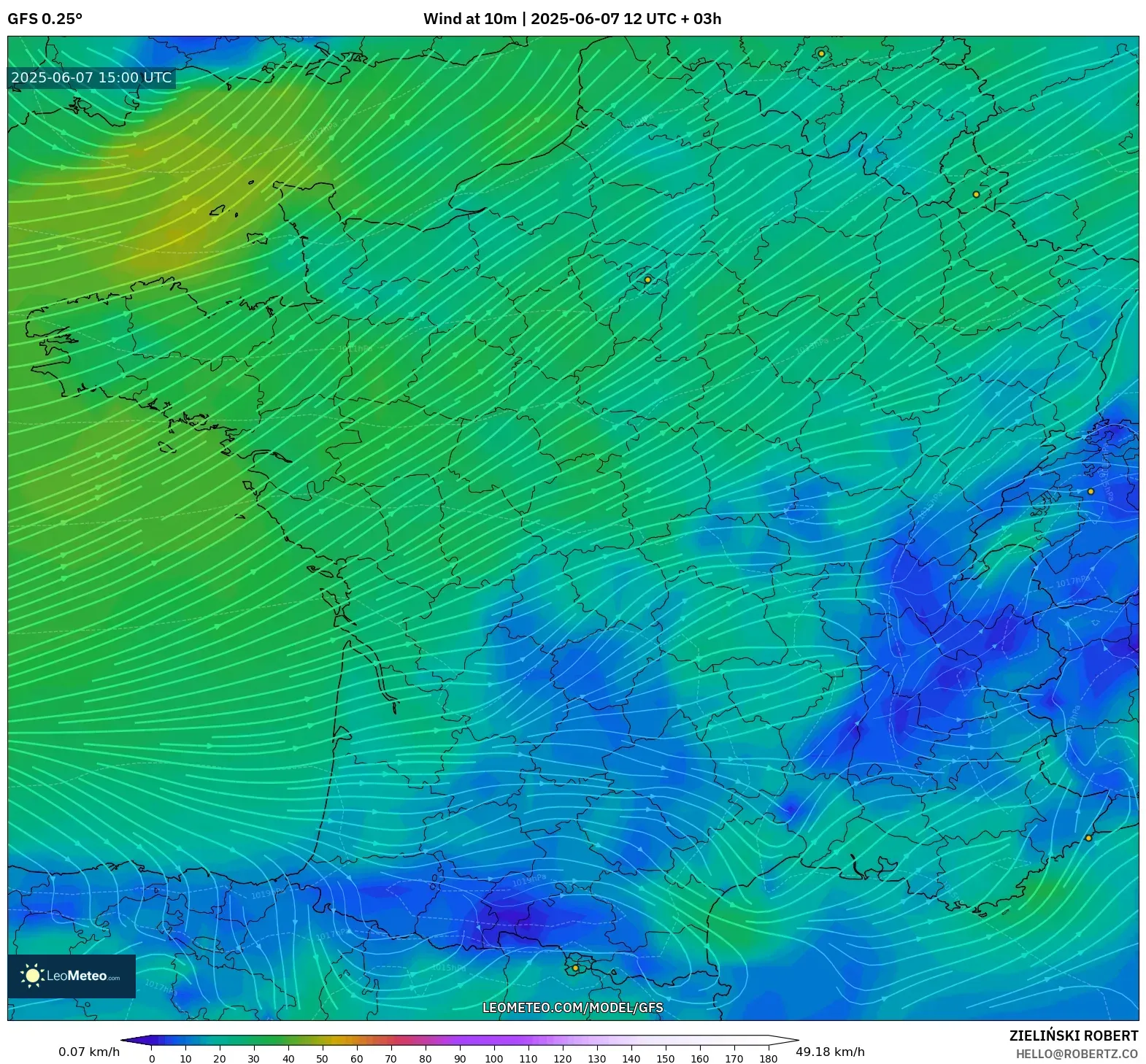 GFS model - Prancis, Angin 10 m GFS model - Prancis, Angin 10 m