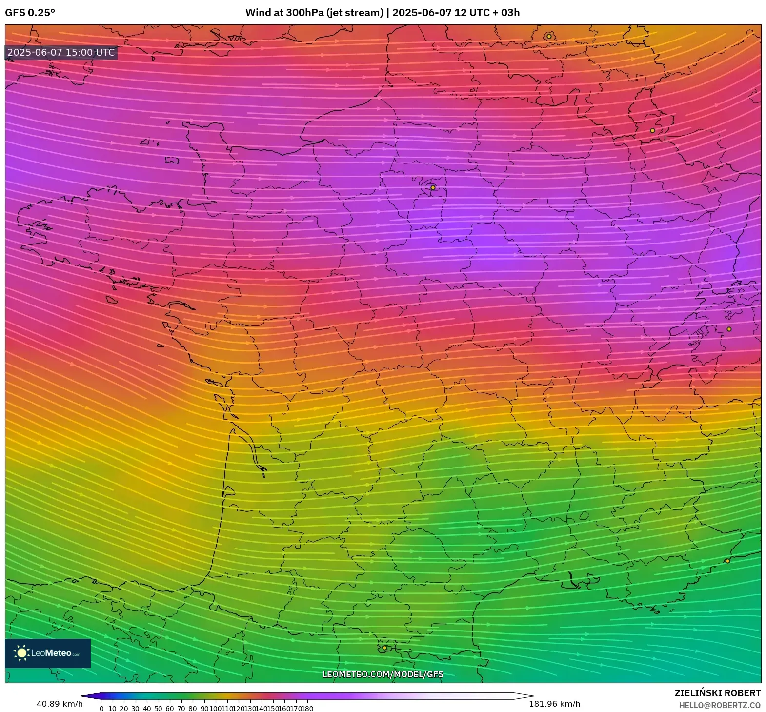 GFS model - Prancis, Angin 300 hPa (aliran jet) GFS model - Prancis, Angin 300 hPa (aliran jet)