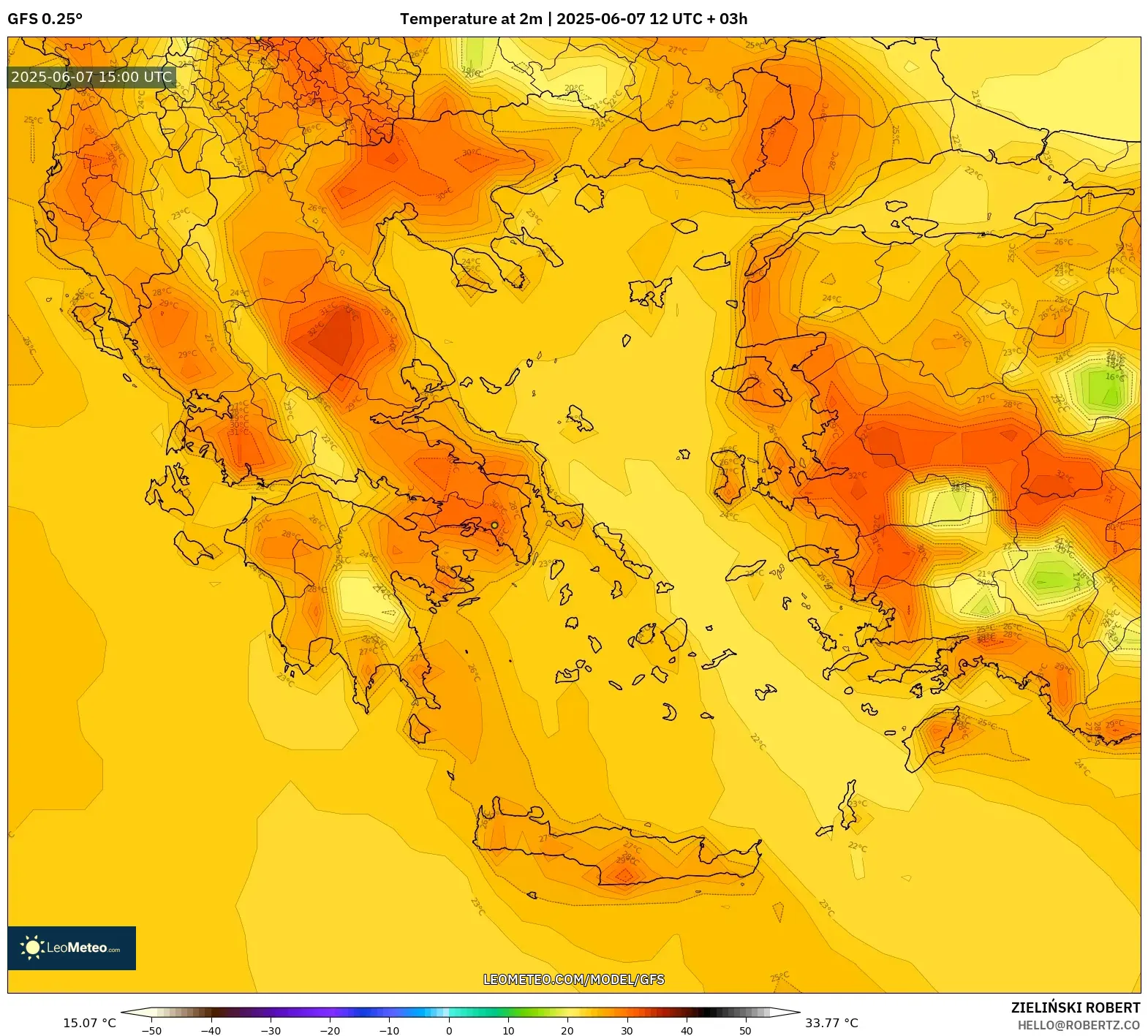 GFS model - Yunani, Suhu 2 m GFS model - Yunani, Suhu 2 m