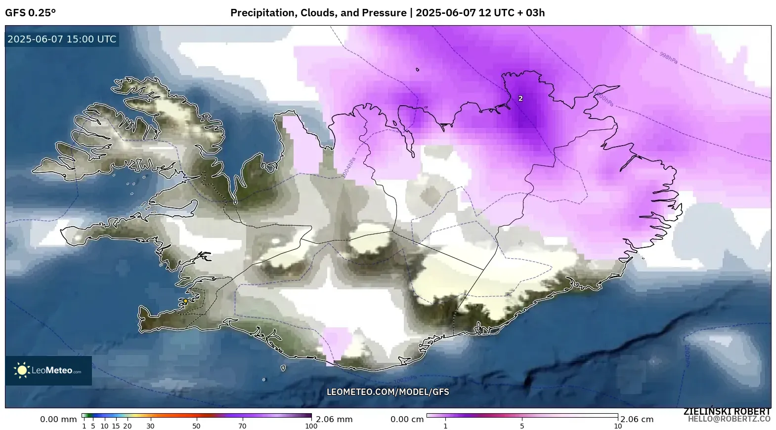 GFS model - Islandia, Curah Hujan, Awan, dan Tekanan