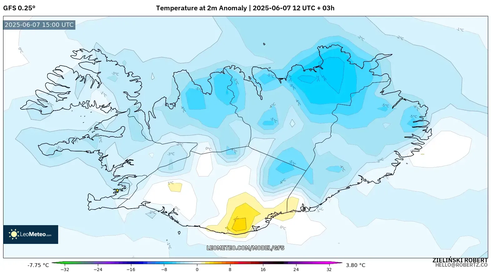 GFS model - Islandia, Anomali Suhu 2 m GFS model - Islandia, Anomali Suhu 2 m