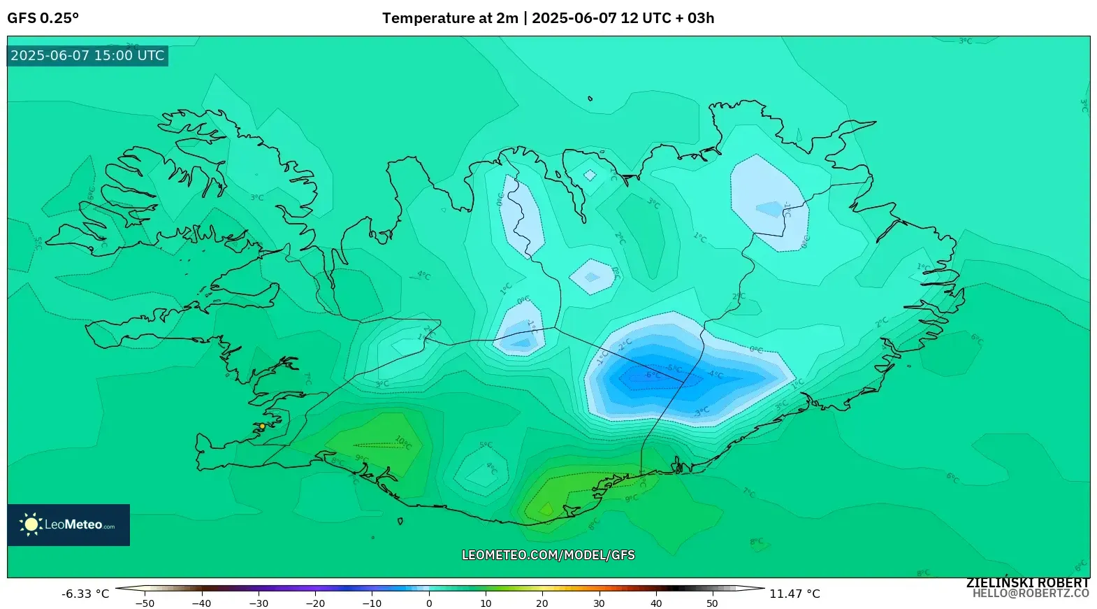 GFS model - Islandia, Suhu 2 m GFS model - Islandia, Suhu 2 m