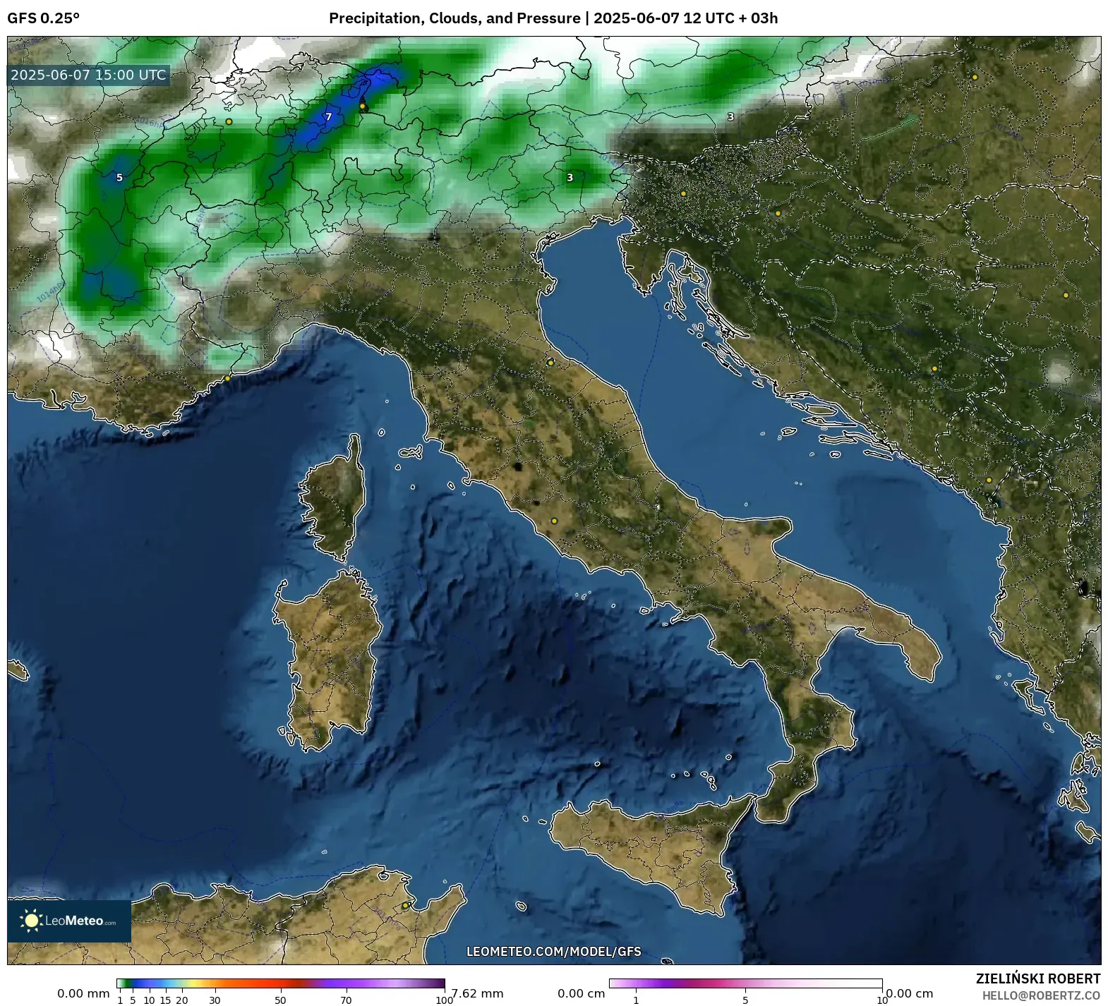 GFS model - Italia, Curah Hujan, Awan, dan Tekanan GFS model - Italia, Curah Hujan, Awan, dan Tekanan