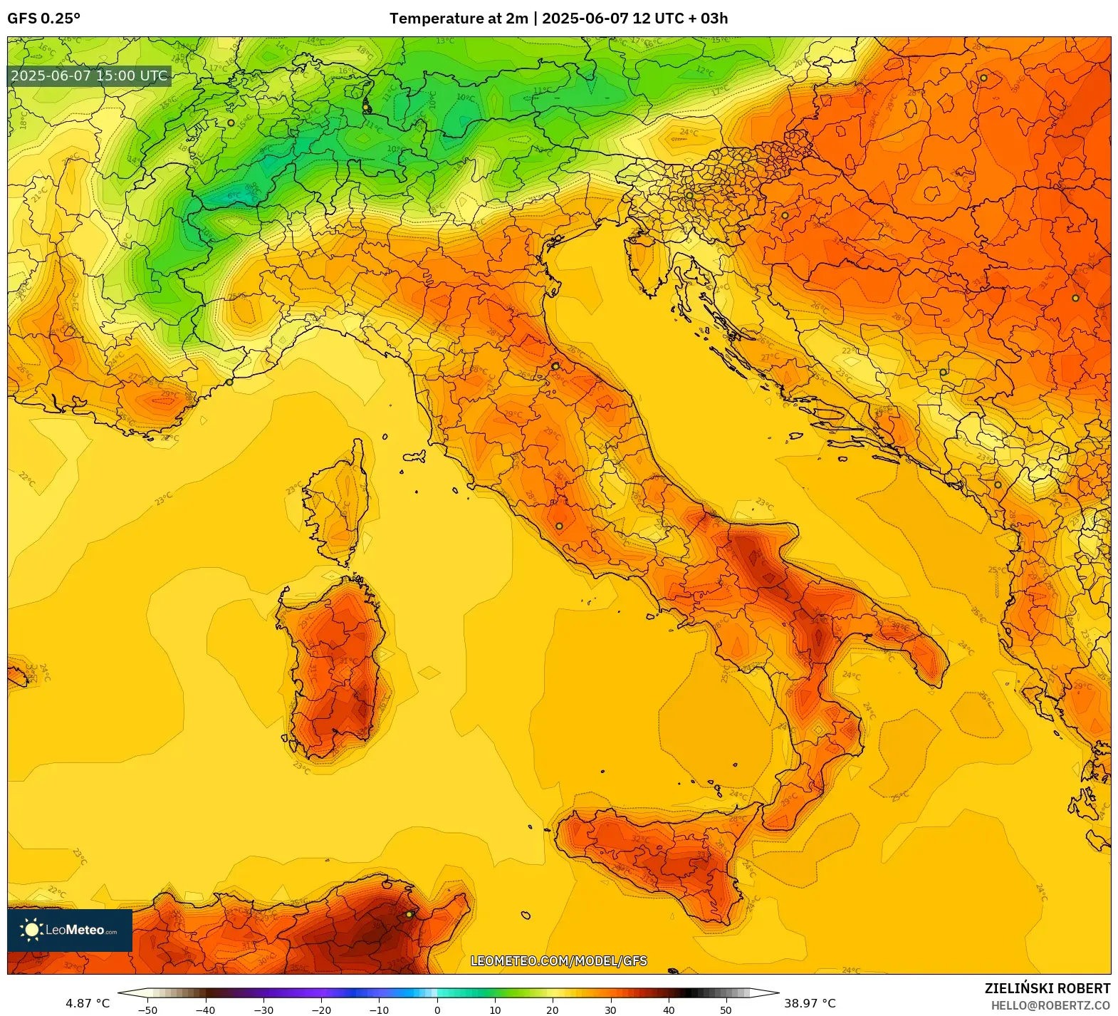 GFS model - Italia, Suhu 2 m GFS model - Italia, Suhu 2 m