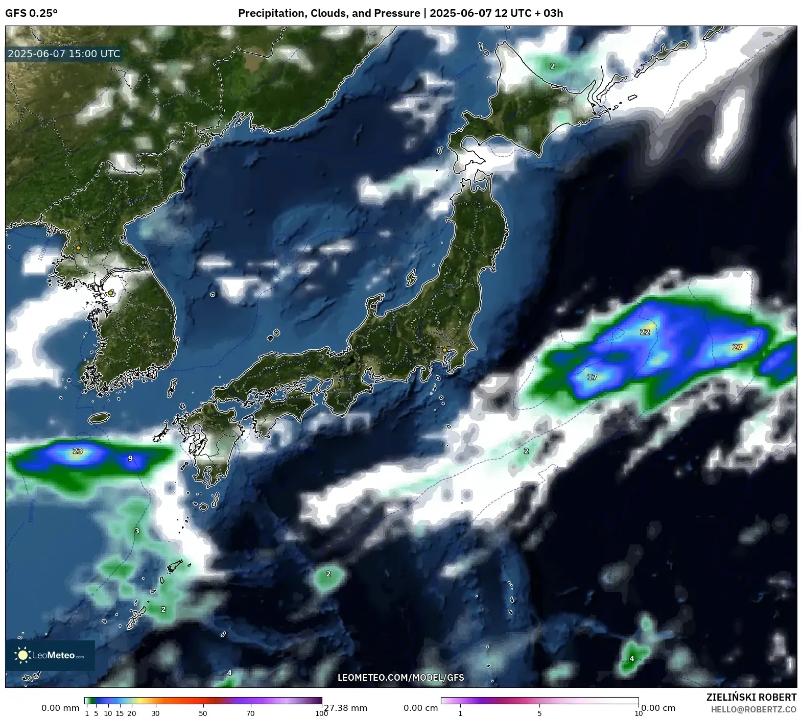 GFS model - Jepang, Curah Hujan, Awan, dan Tekanan GFS model - Jepang, Curah Hujan, Awan, dan Tekanan