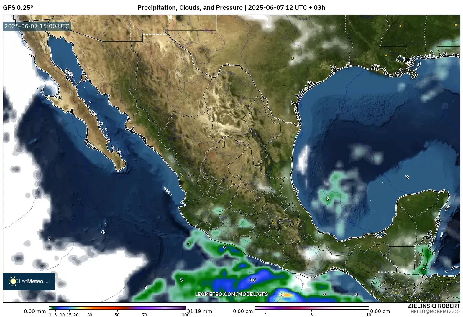 GFS model - Meksiko, Curah Hujan, Awan, dan Tekanan GFS model - Meksiko, Curah Hujan, Awan, dan Tekanan