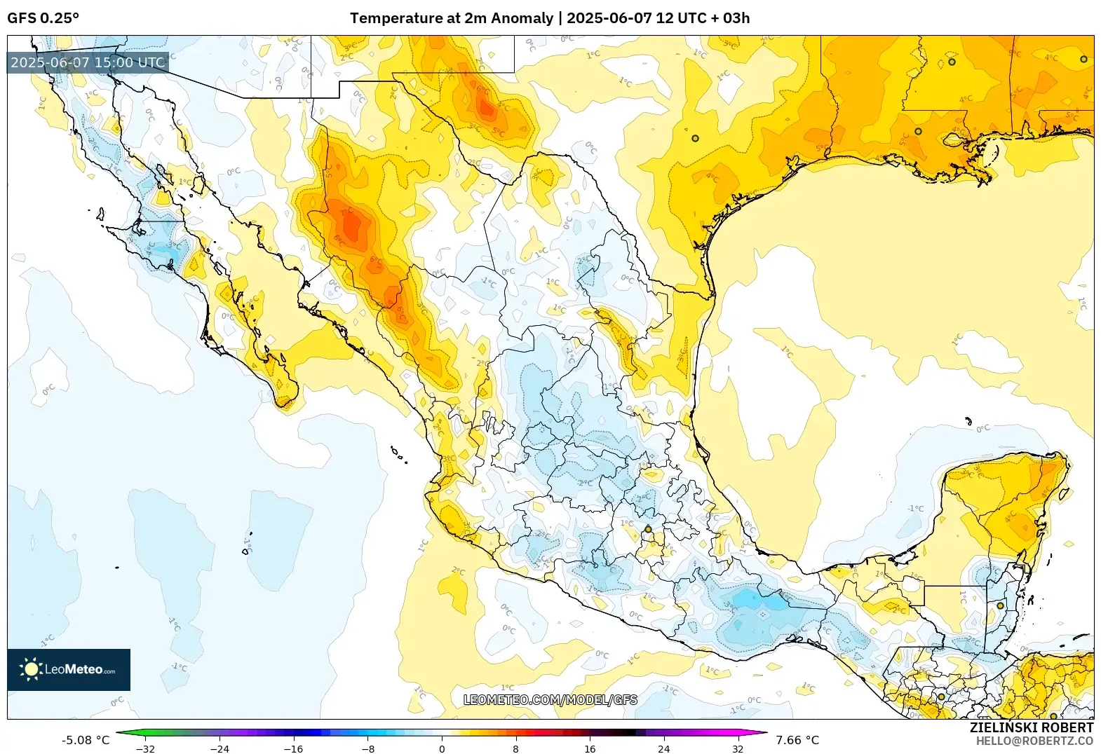 GFS model - Meksiko, Anomali Suhu 2 m GFS model - Meksiko, Anomali Suhu 2 m