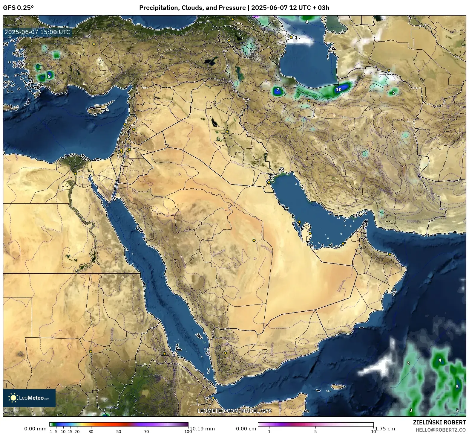 GFS model - Timur Tengah, Curah Hujan, Awan, dan Tekanan GFS model - Timur Tengah, Curah Hujan, Awan, dan Tekanan