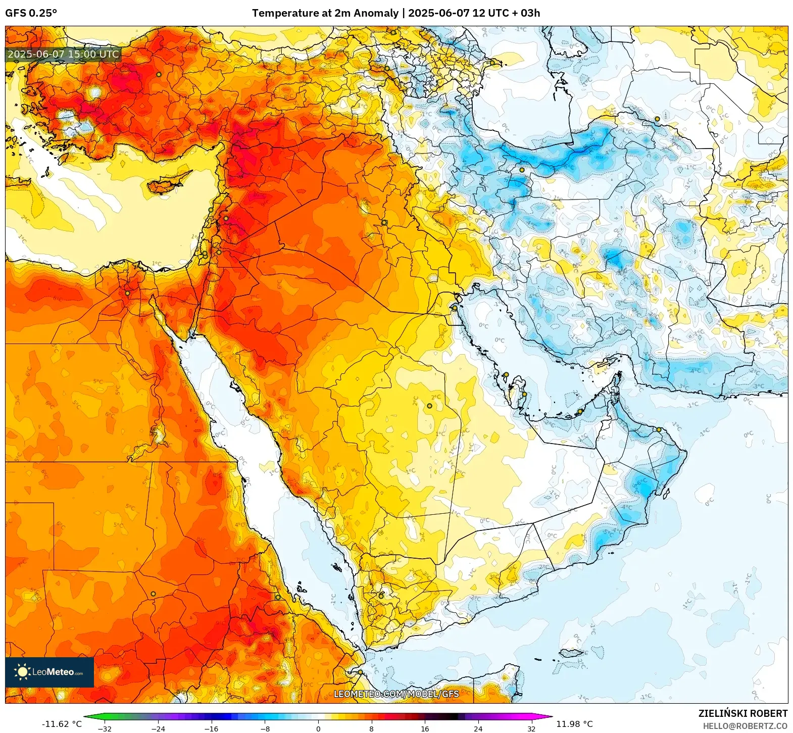 GFS model - Timur Tengah, Anomali Suhu 2 m GFS model - Timur Tengah, Anomali Suhu 2 m