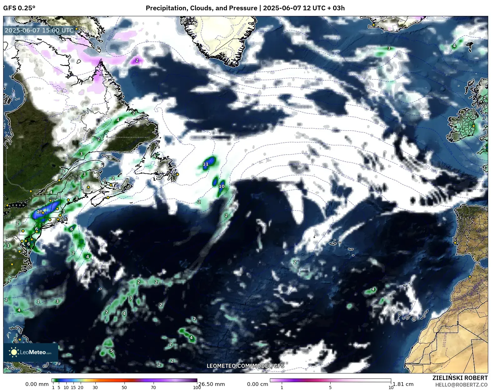 GFS model - Atlantik Utara, Curah Hujan, Awan, dan Tekanan GFS model - Atlantik Utara, Curah Hujan, Awan, dan Tekanan