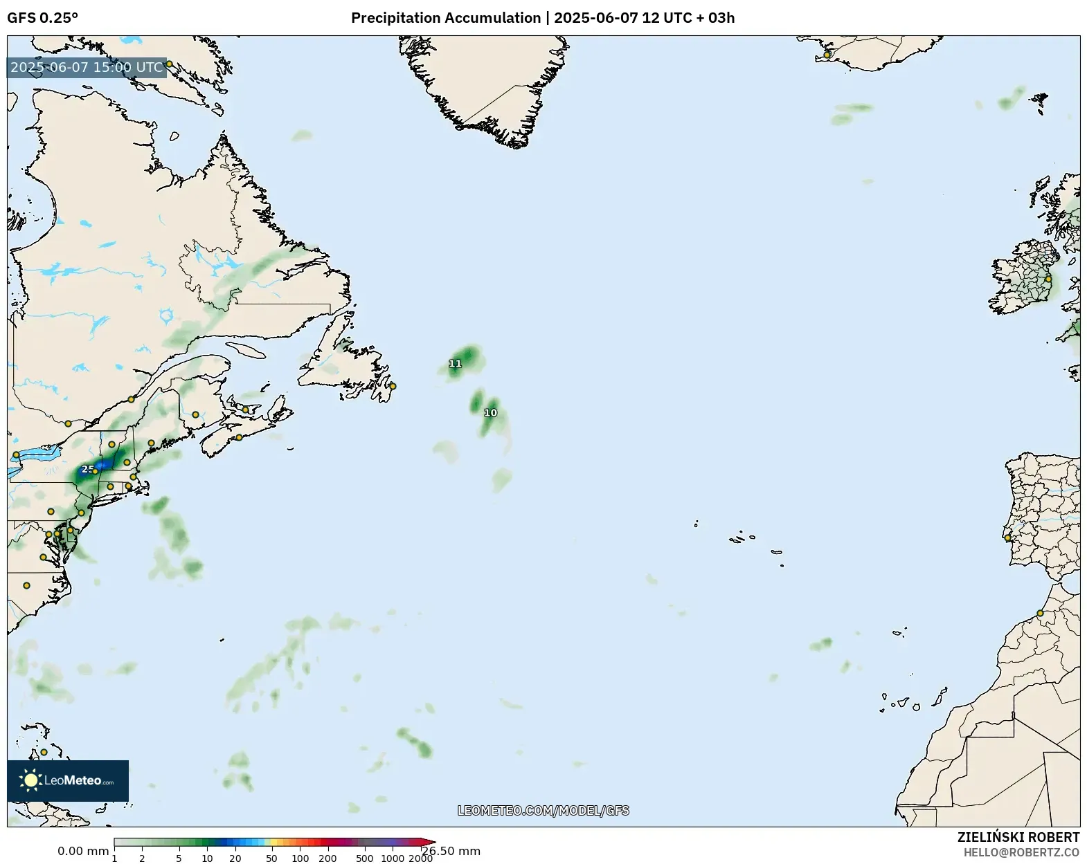 GFS model - Atlantik Utara, Akumulasi Curah Hujan GFS model - Atlantik Utara, Akumulasi Curah Hujan