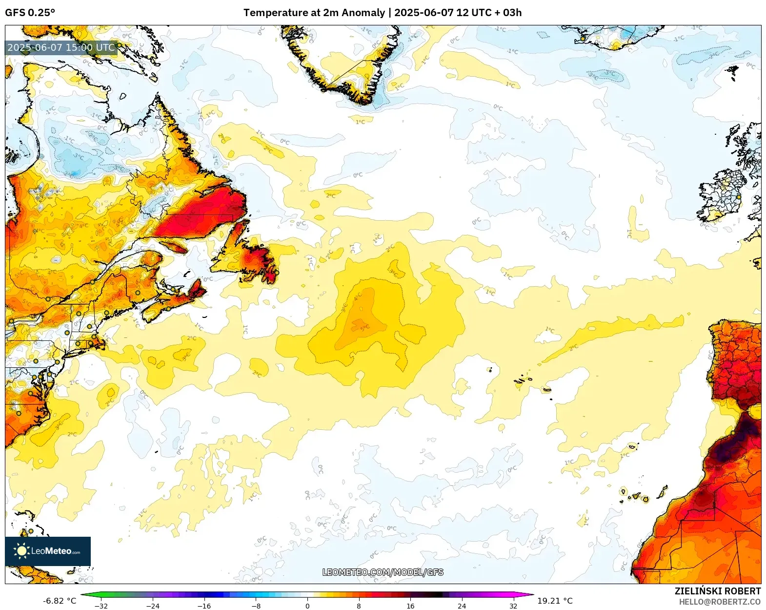 GFS model - Atlantik Utara, Anomali Suhu 2 m