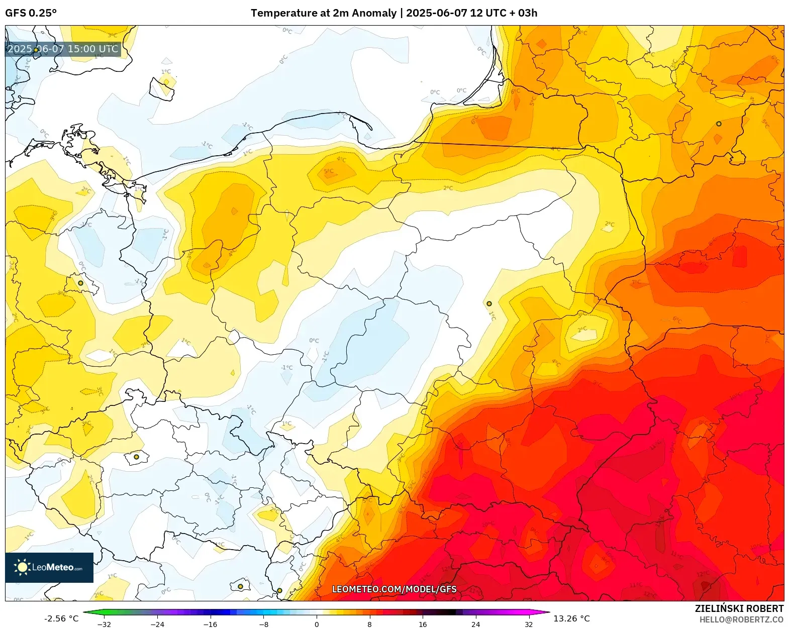 GFS model - Polandia, Anomali Suhu 2 m GFS model - Polandia, Anomali Suhu 2 m