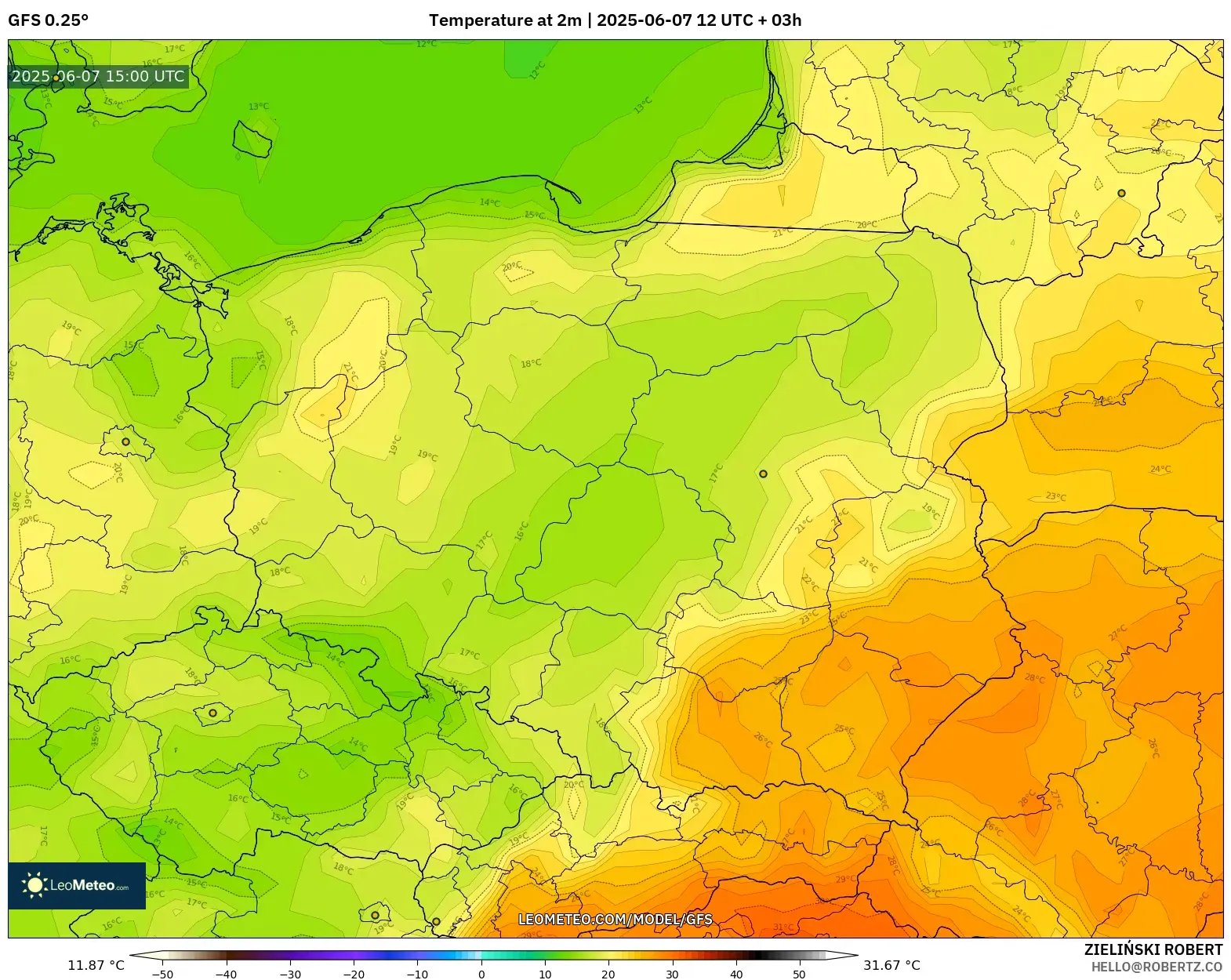 GFS model - Polandia, Suhu 2 m GFS model - Polandia, Suhu 2 m