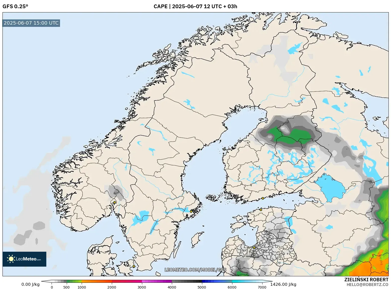 GFS model - Skandinavia, CAPE GFS model - Skandinavia, CAPE