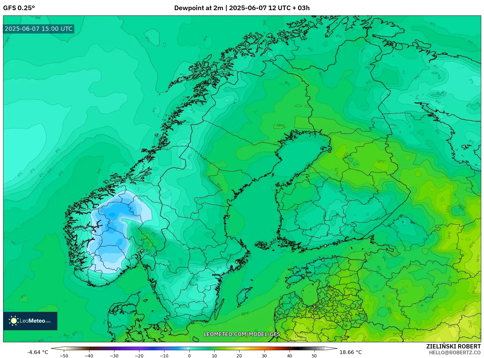 GFS model - Skandinavia, Titik Embun 2 m