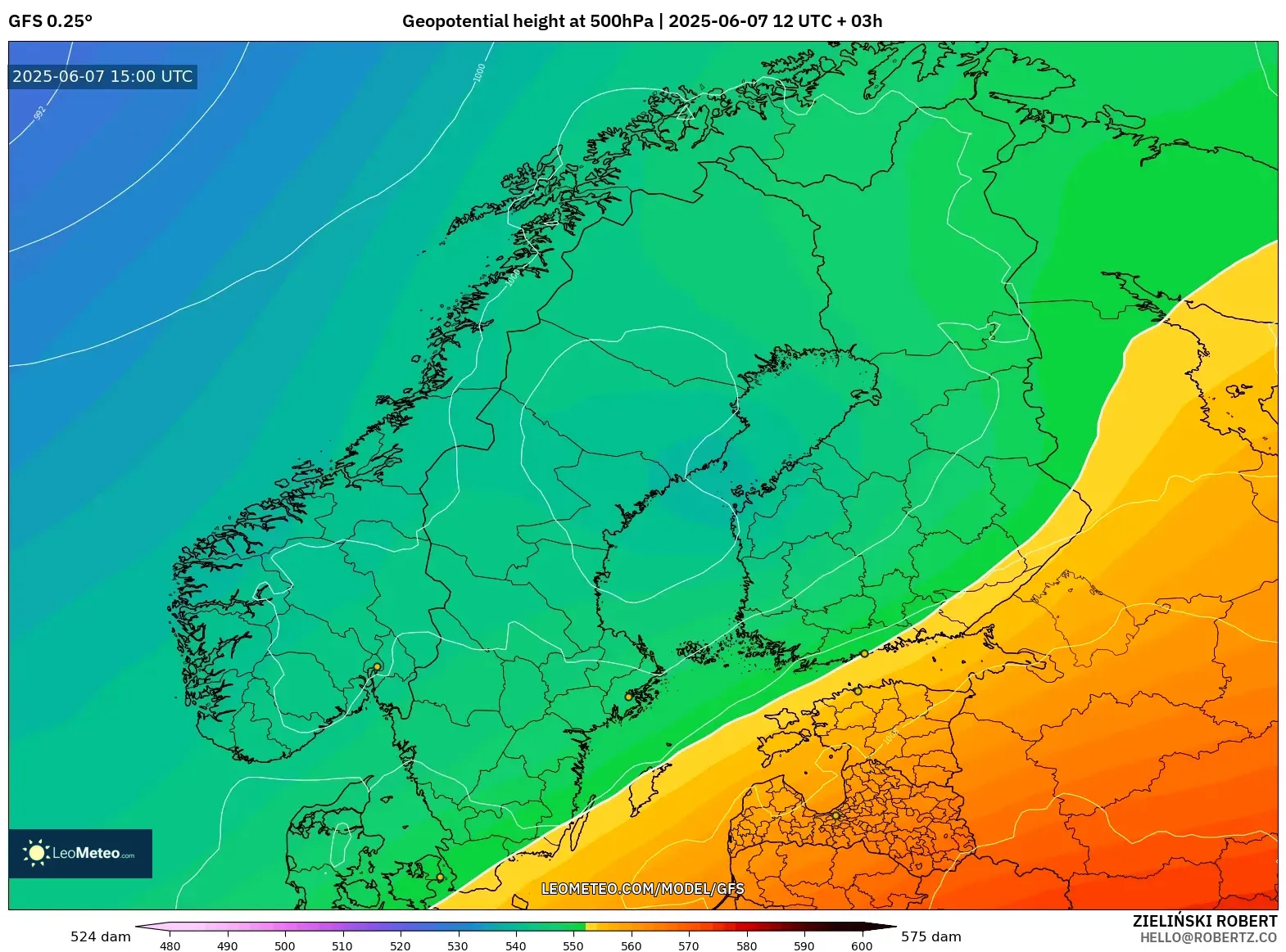 GFS model - Skandinavia, Ketinggian geopotensial pada 500 hPa