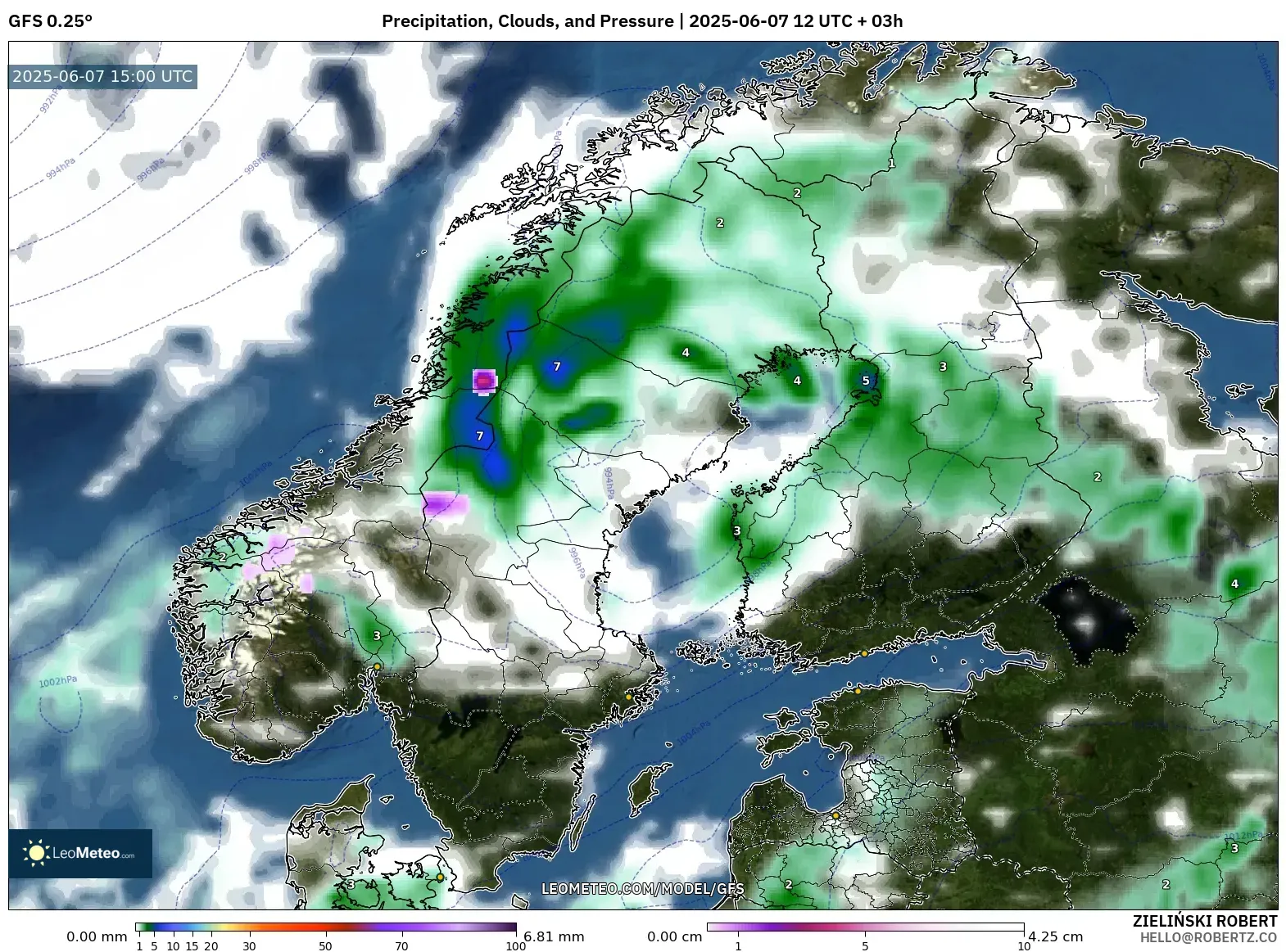 GFS model - Skandinavia, Curah Hujan, Awan, dan Tekanan GFS model - Skandinavia, Curah Hujan, Awan, dan Tekanan