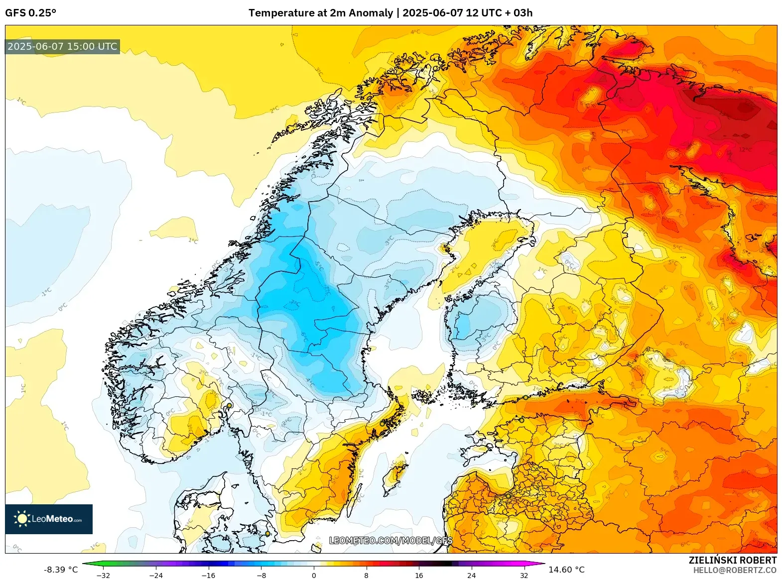 GFS model - Skandinavia, Anomali Suhu 2 m GFS model - Skandinavia, Anomali Suhu 2 m