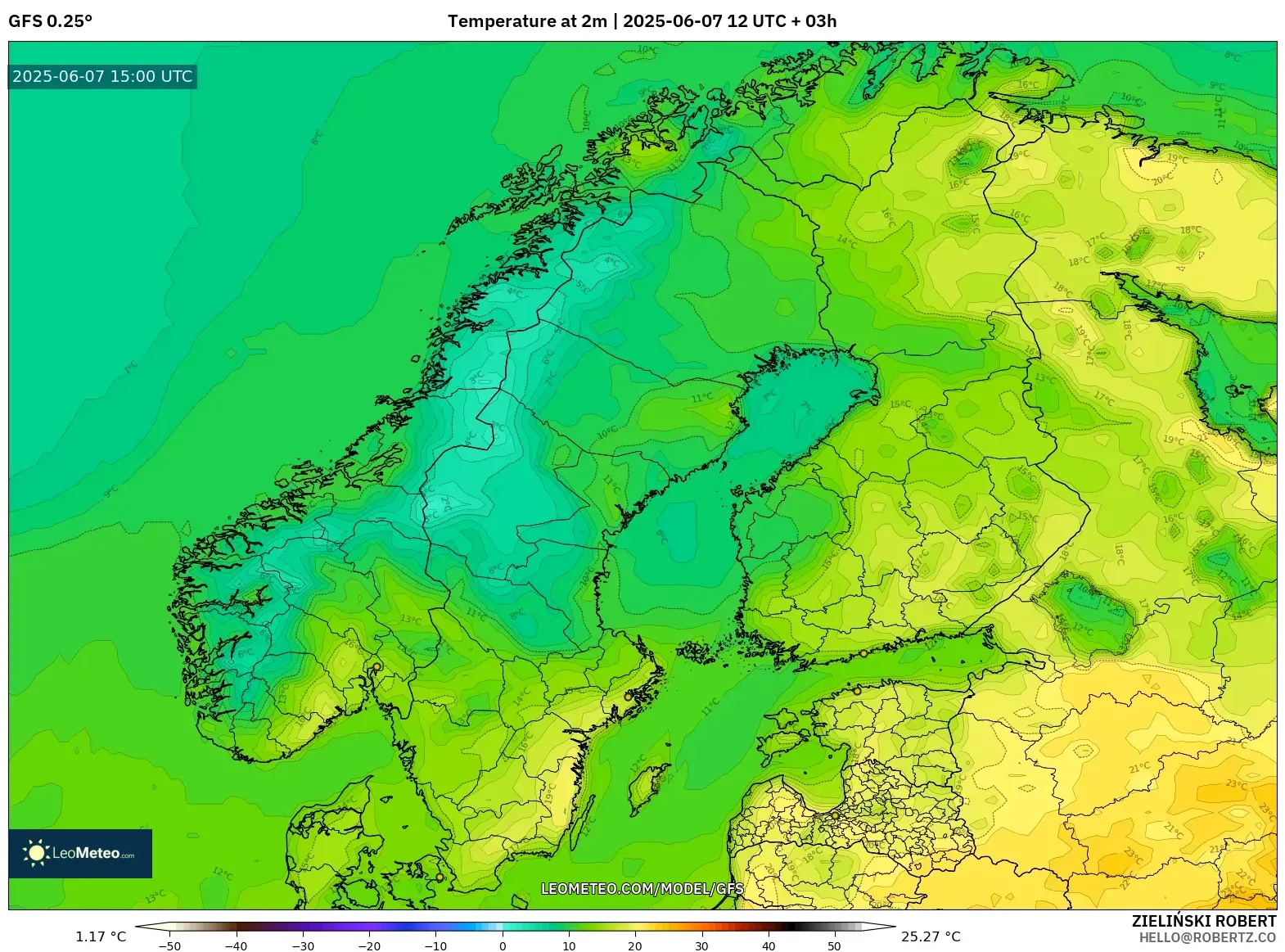 GFS model - Skandinavia, Suhu 2 m GFS model - Skandinavia, Suhu 2 m