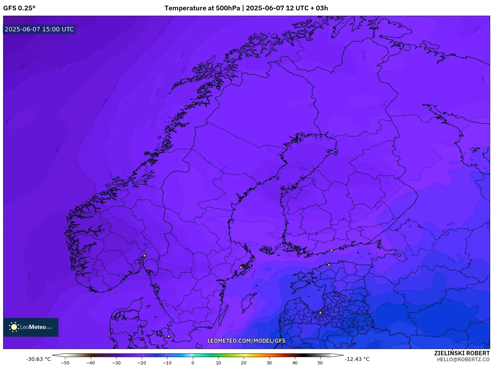 GFS model - Skandinavia, Suhu 500 hPa GFS model - Skandinavia, Suhu 500 hPa