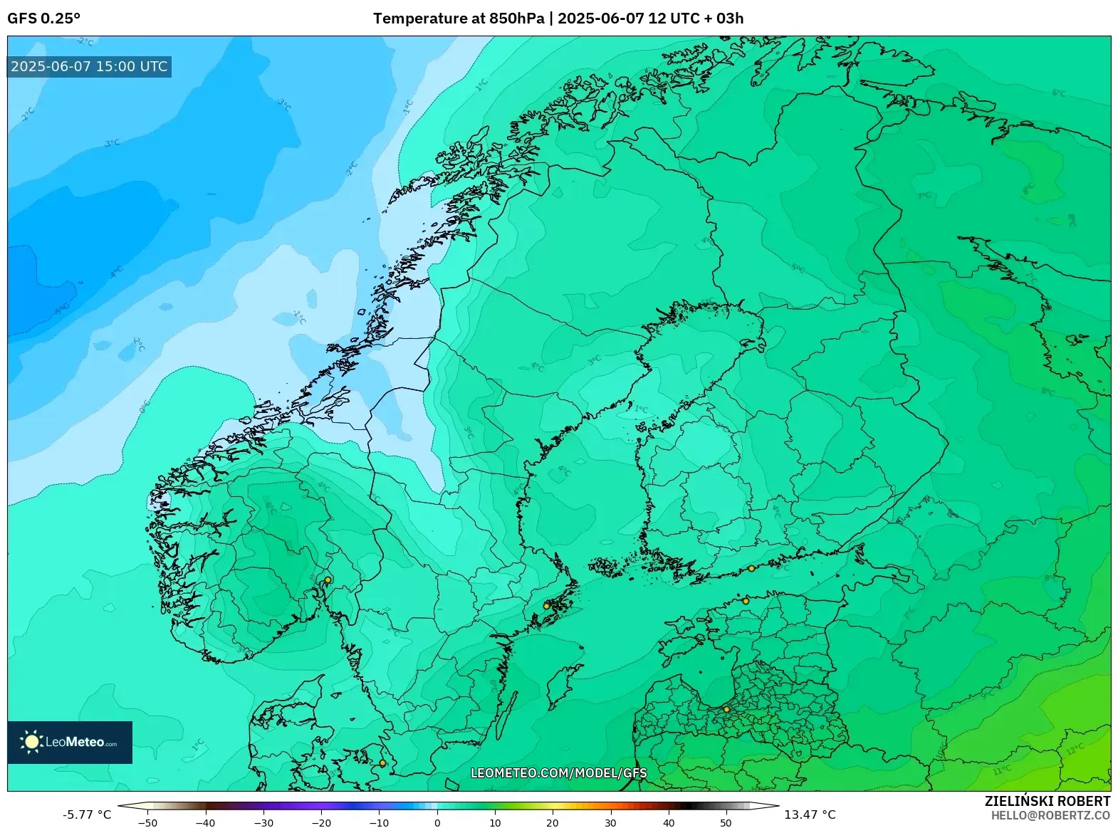 GFS model - Skandinavia, Suhu 850 hPa GFS model - Skandinavia, Suhu 850 hPa