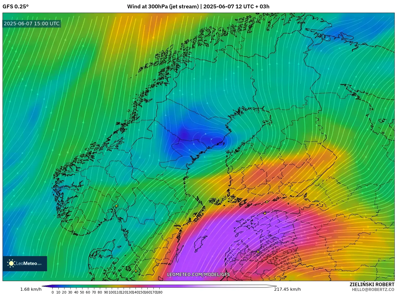 GFS model - Skandinavia, Angin 300 hPa (aliran jet)