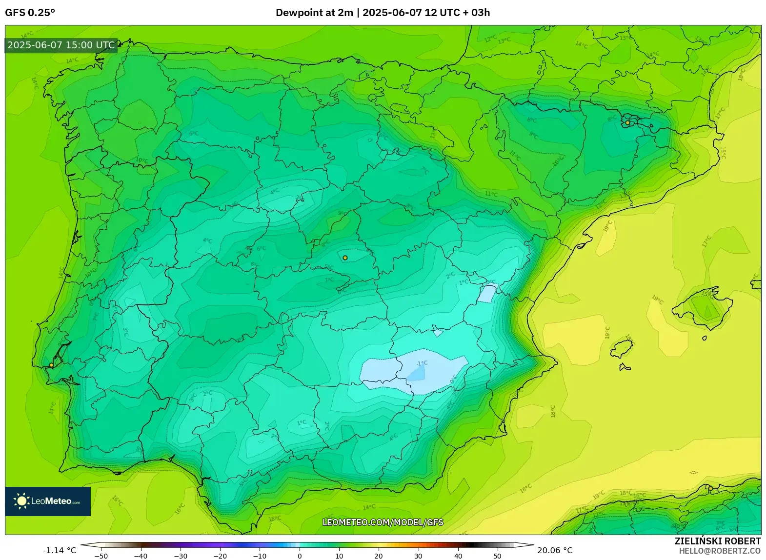 GFS model - Spanyol, Titik Embun 2 m GFS model - Spanyol, Titik Embun 2 m