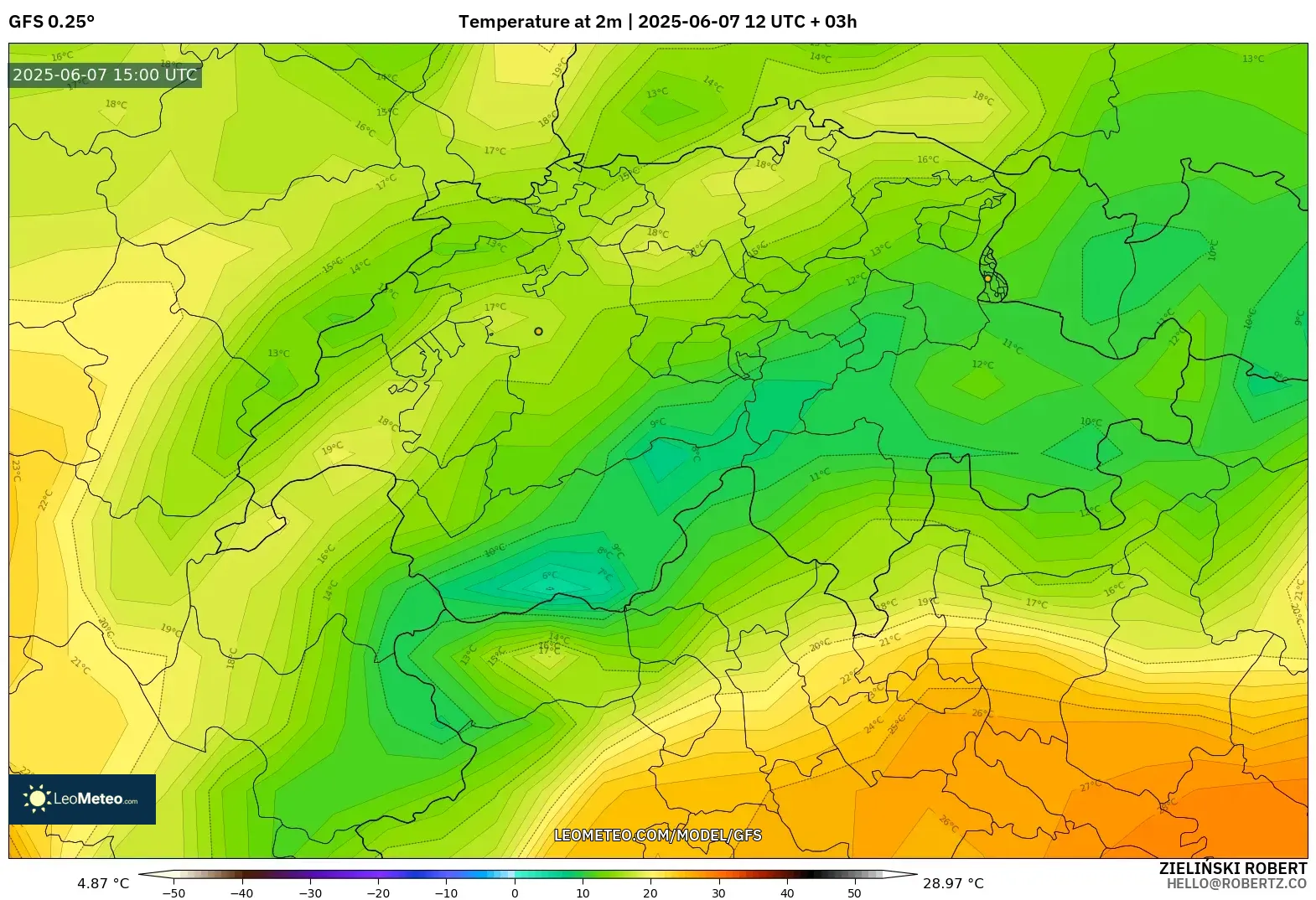 GFS model - Swiss, Suhu 2 m GFS model - Swiss, Suhu 2 m
