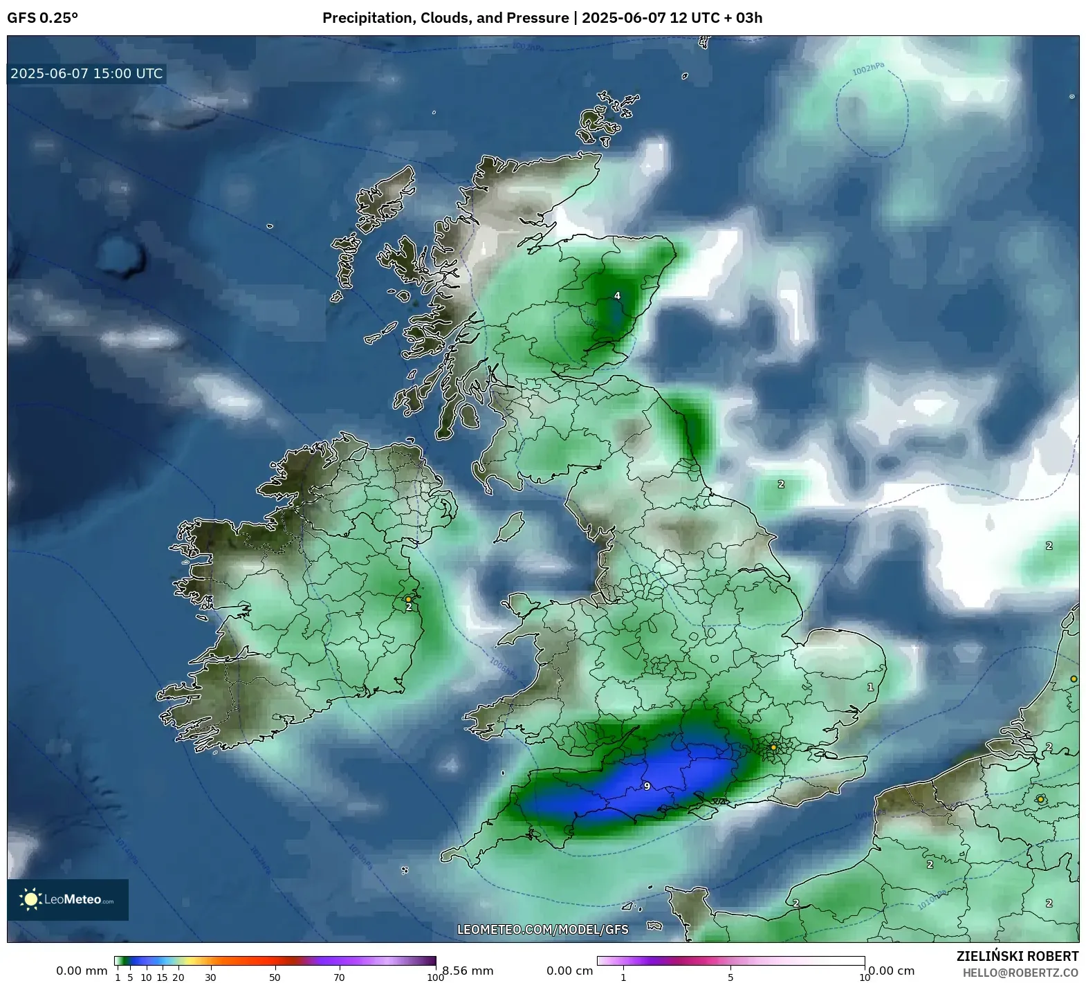 GFS model - Britania Raya, Curah Hujan, Awan, dan Tekanan GFS model - Britania Raya, Curah Hujan, Awan, dan Tekanan