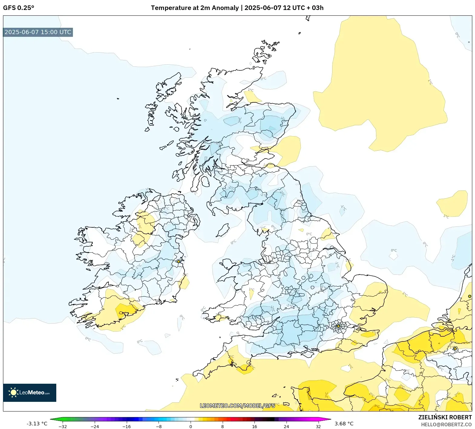 GFS model - Britania Raya, Anomali Suhu 2 m GFS model - Britania Raya, Anomali Suhu 2 m