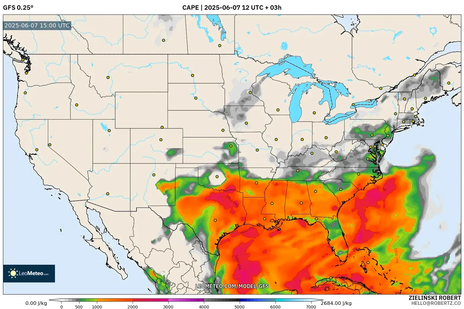 GFS model - Amerika Serikat, CAPE GFS model - Amerika Serikat, CAPE