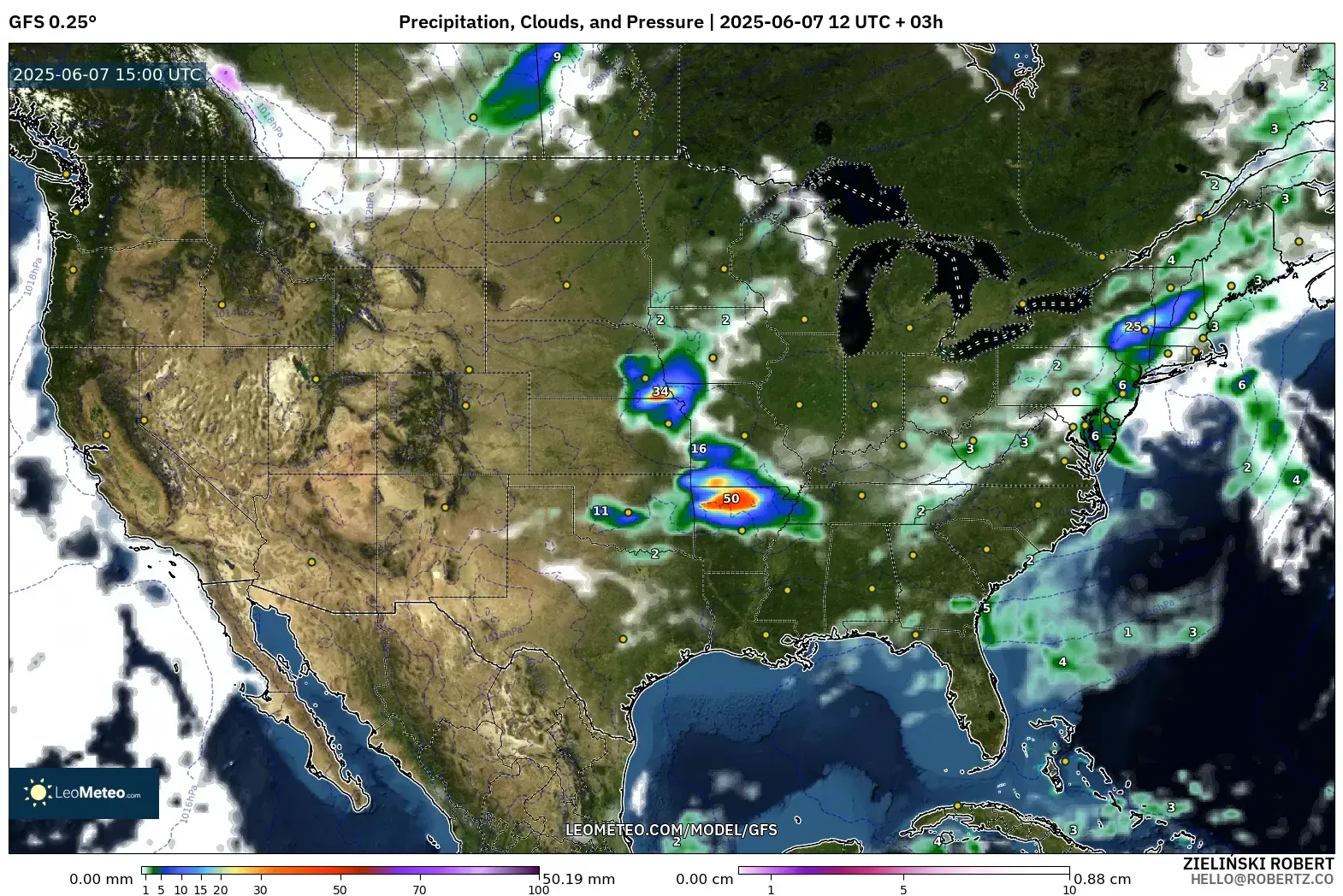 GFS model - Amerika Serikat, Curah Hujan, Awan, dan Tekanan GFS model - Amerika Serikat, Curah Hujan, Awan, dan Tekanan