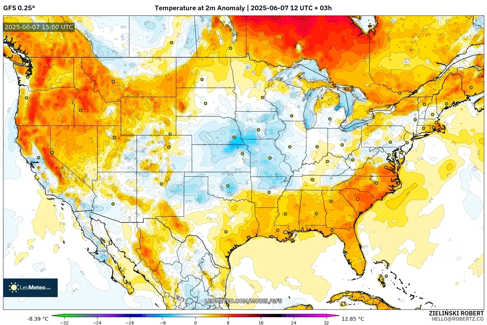 GFS model - Amerika Serikat, Anomali Suhu 2 m GFS model - Amerika Serikat, Anomali Suhu 2 m