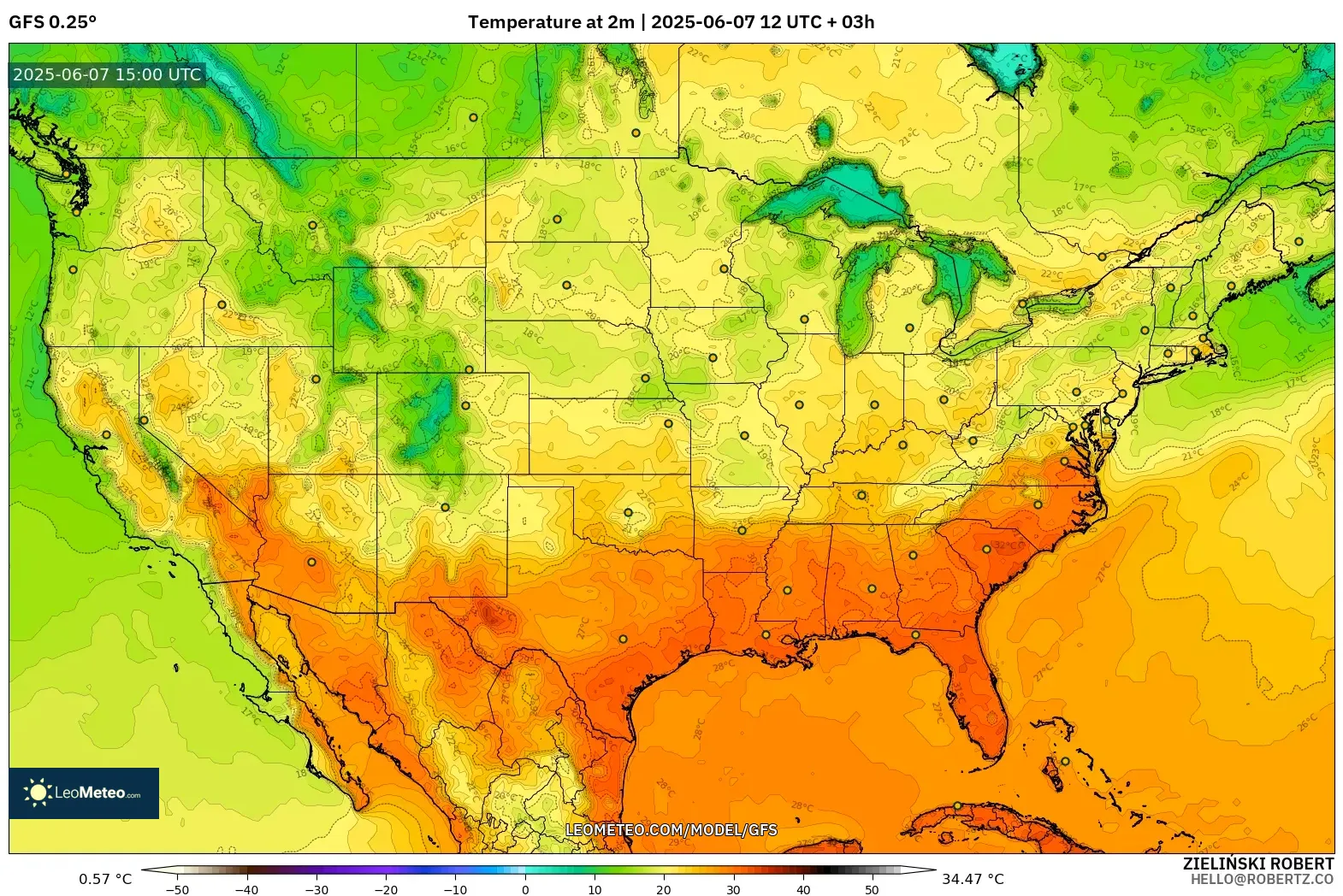 GFS model - Amerika Serikat, Suhu 2 m