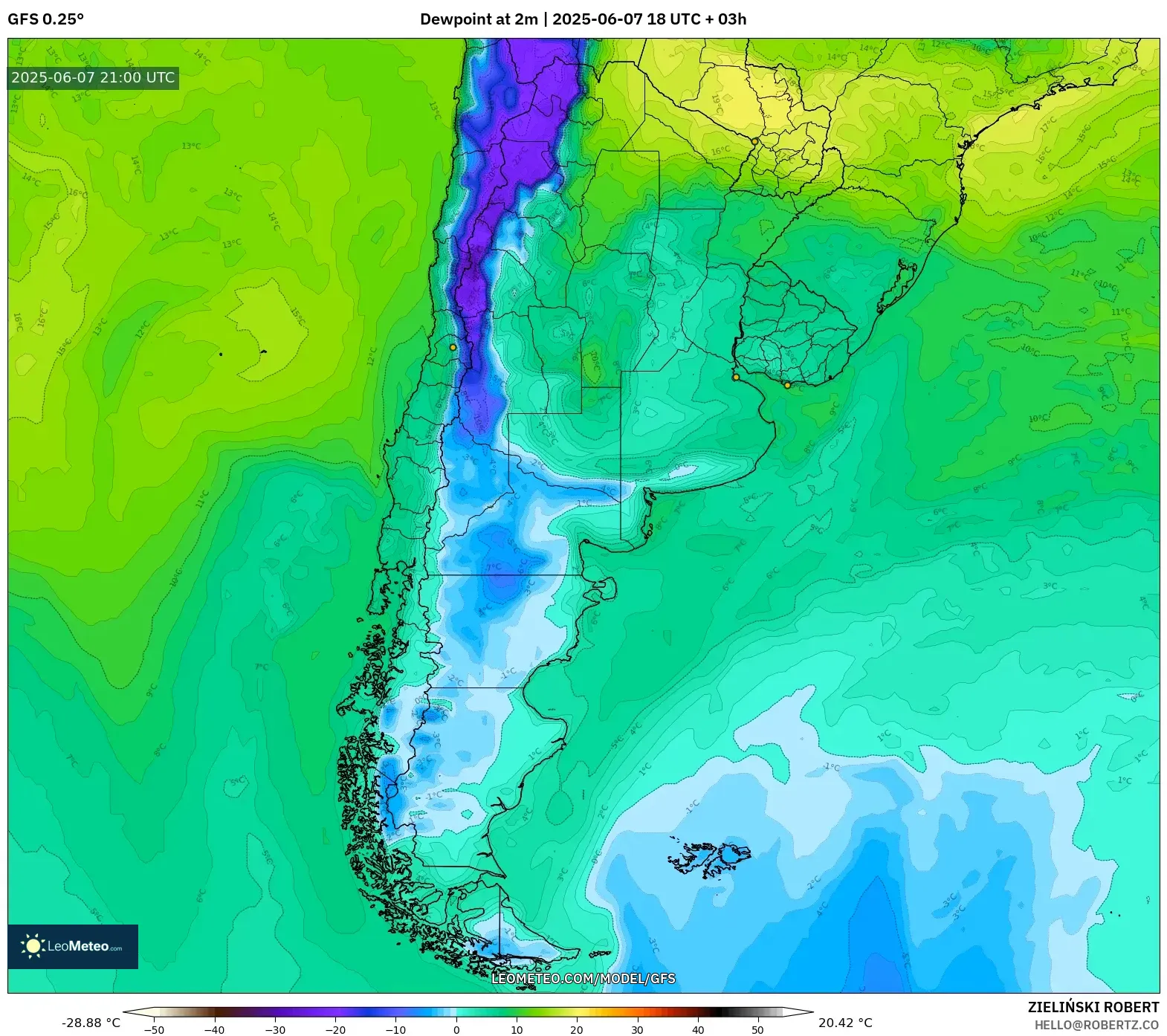 GFS model - Argentina, Titik Embun 2 m GFS model - Argentina, Titik Embun 2 m