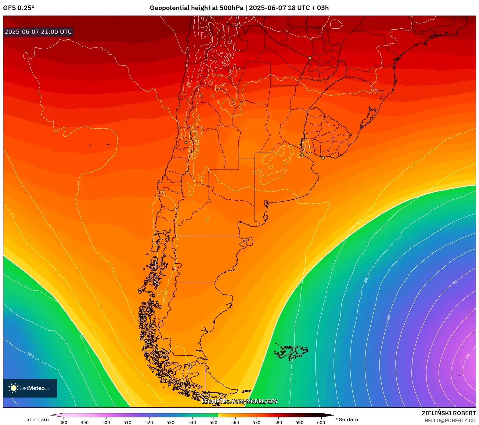 GFS model - Argentina, Ketinggian geopotensial pada 500 hPa