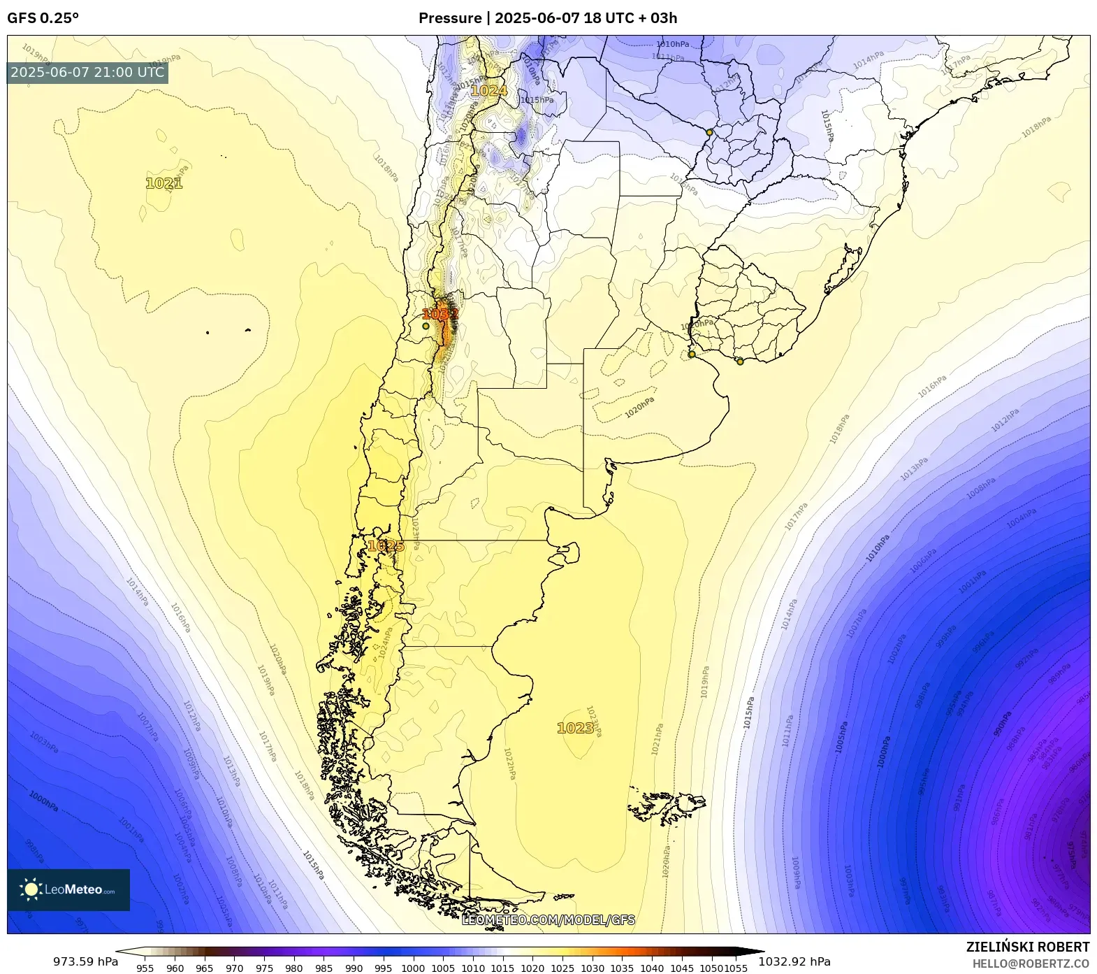 GFS model - Argentina, Tekanan GFS model - Argentina, Tekanan