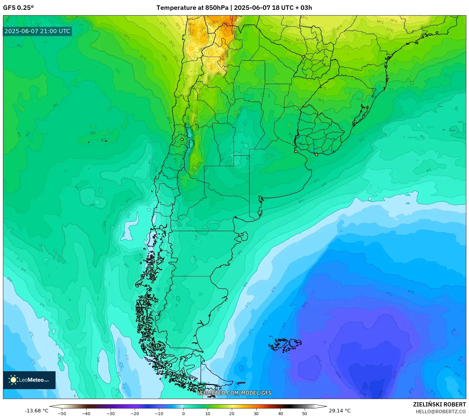 GFS model - Argentina, Suhu 850 hPa