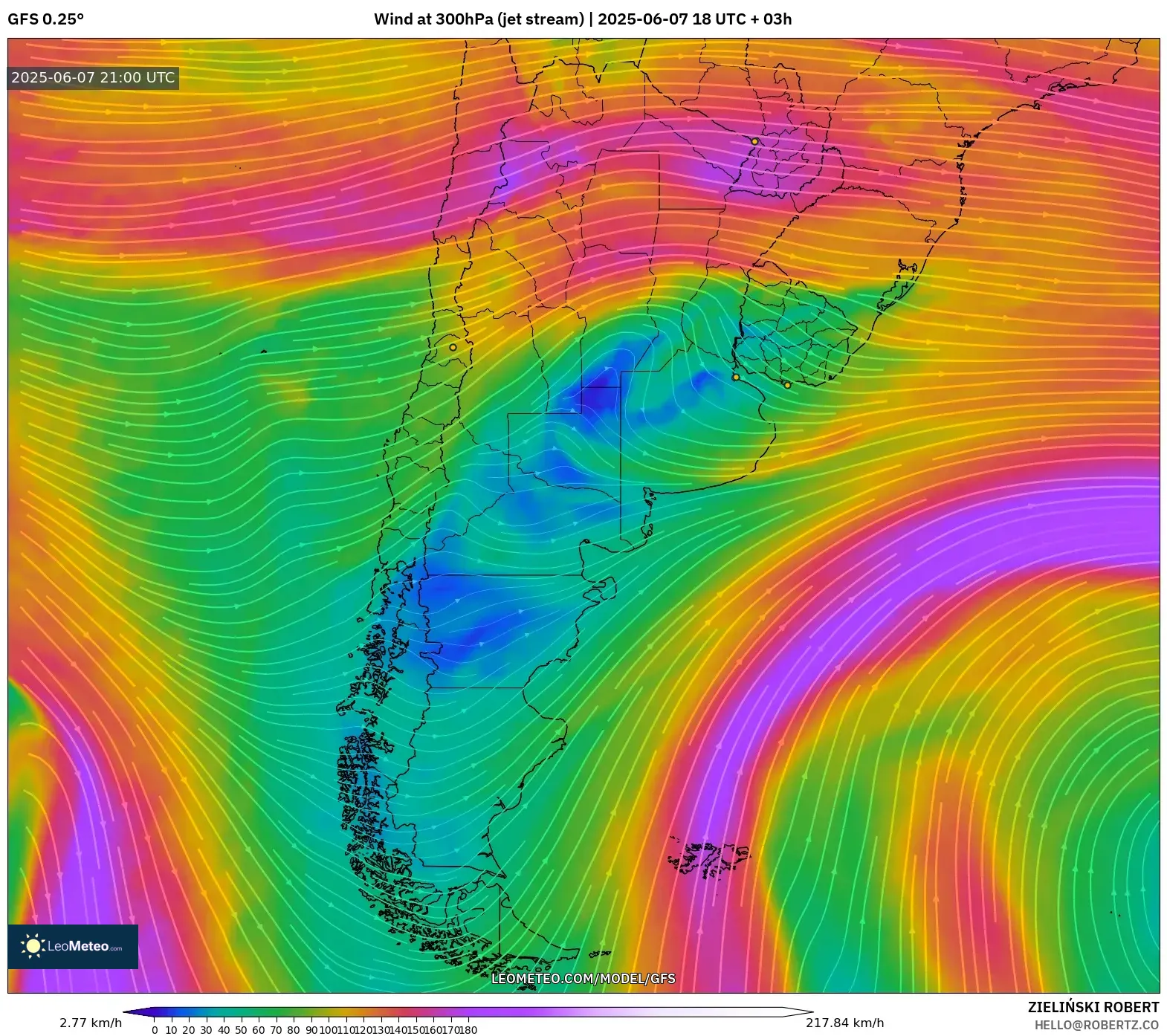 GFS model - Argentina, Angin 300 hPa (aliran jet) GFS model - Argentina, Angin 300 hPa (aliran jet)
