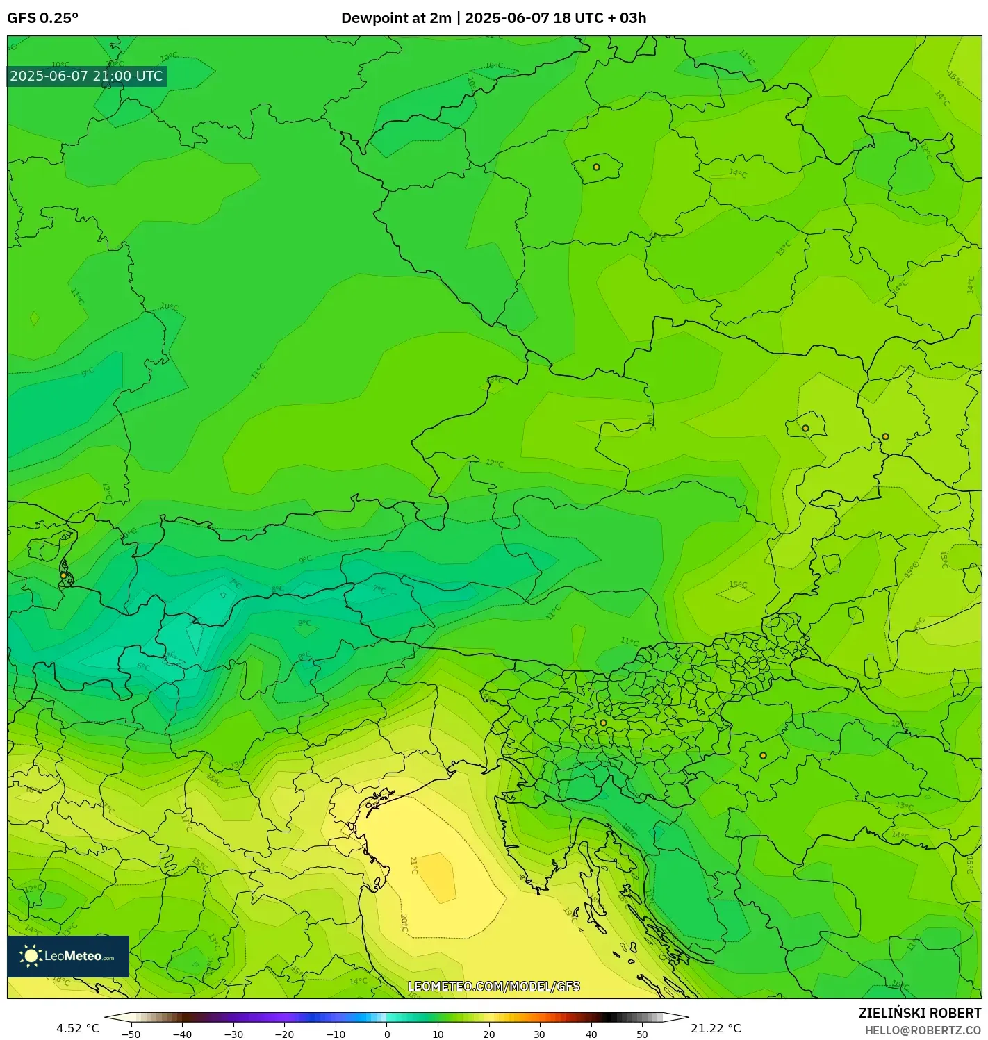 GFS model - Austria, Titik Embun 2 m GFS model - Austria, Titik Embun 2 m