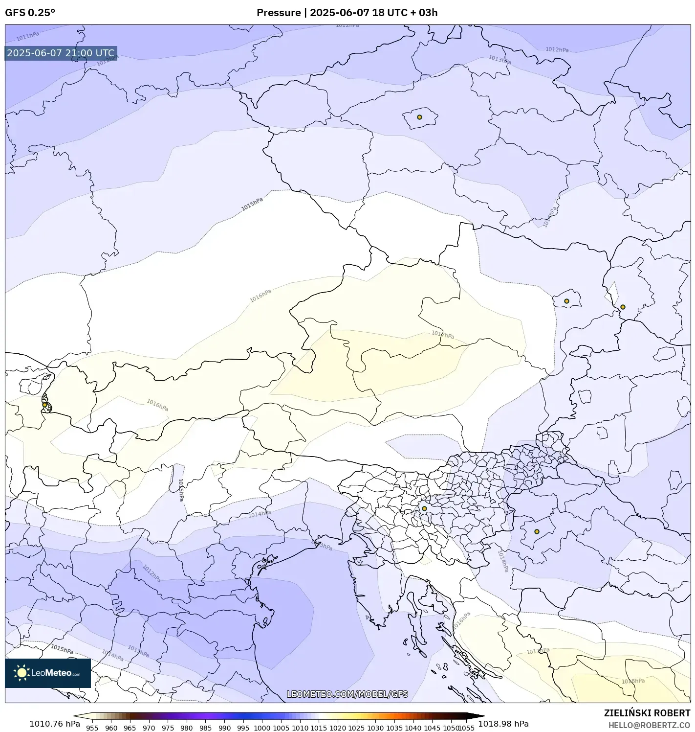 GFS model - Austria, Tekanan GFS model - Austria, Tekanan