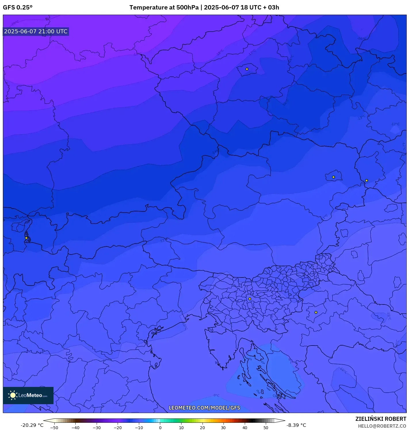 GFS model - Austria, Suhu 500 hPa GFS model - Austria, Suhu 500 hPa