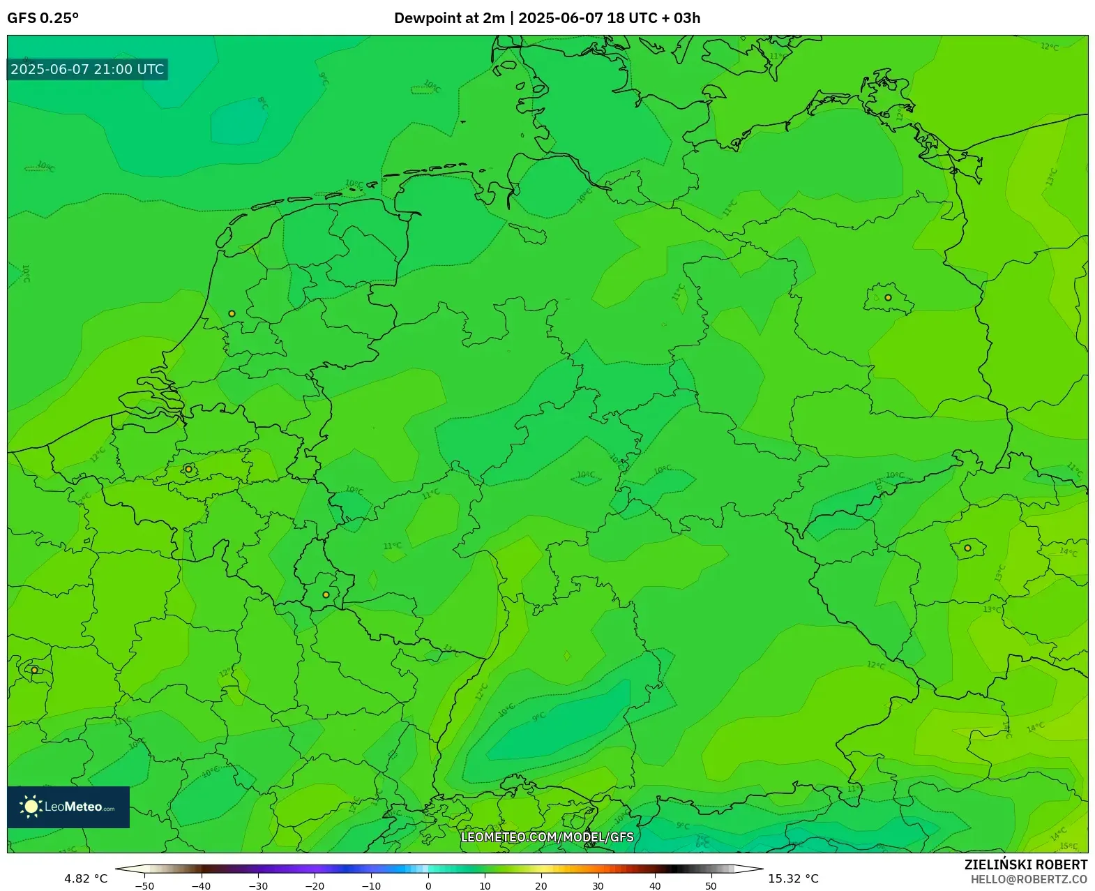 GFS model - Jerman, Titik Embun 2 m GFS model - Jerman, Titik Embun 2 m