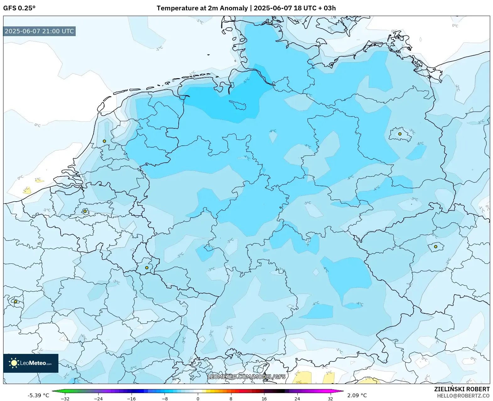 GFS model - Jerman, Anomali Suhu 2 m GFS model - Jerman, Anomali Suhu 2 m