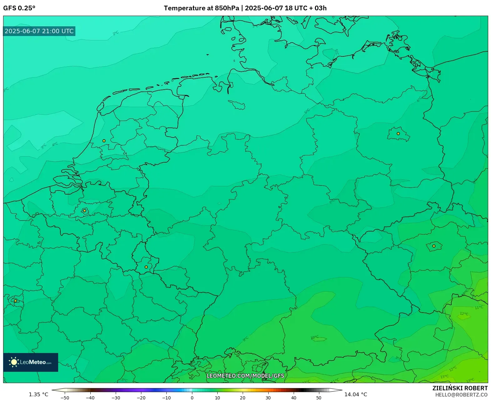 GFS model - Jerman, Suhu 850 hPa GFS model - Jerman, Suhu 850 hPa