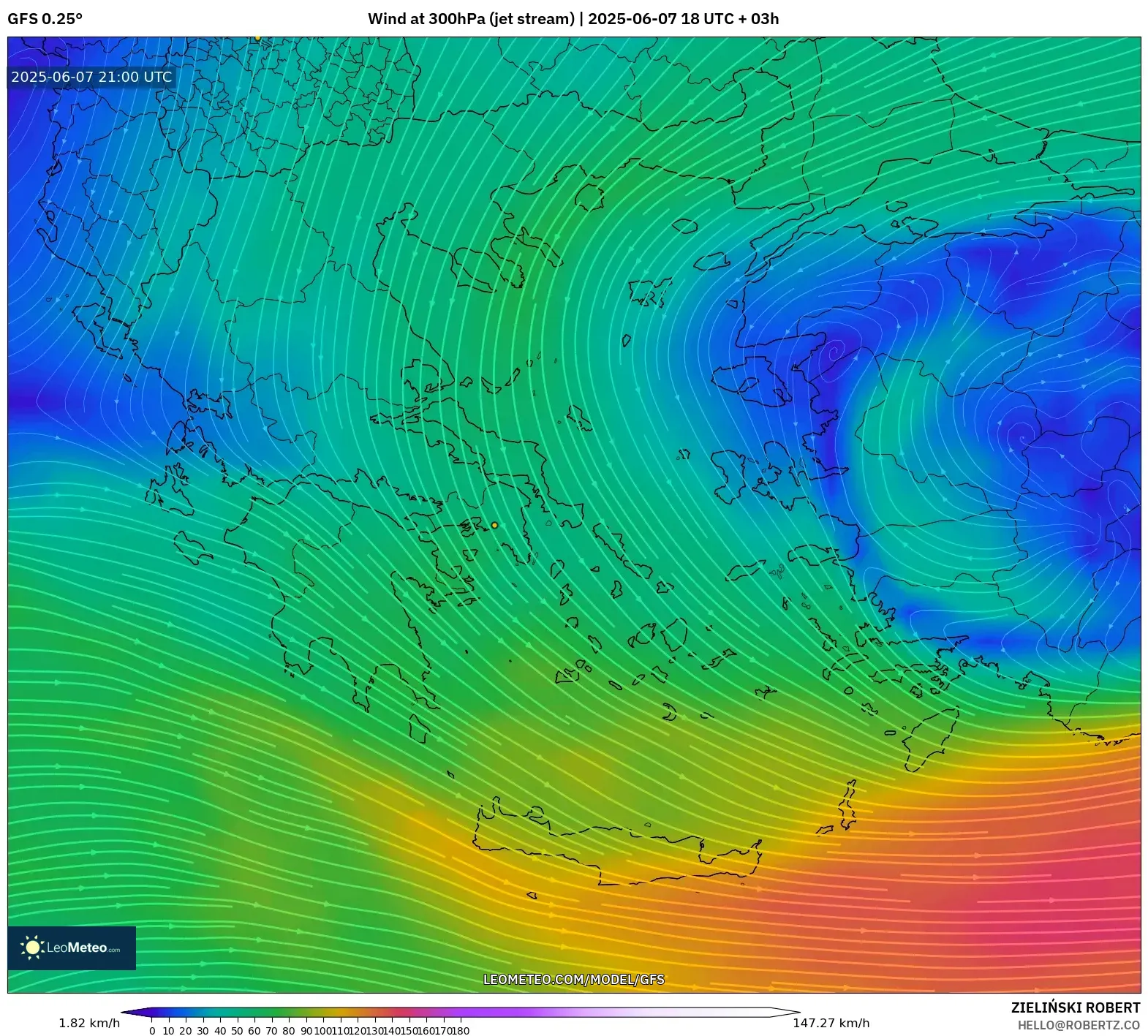 GFS model - Yunani, Angin 300 hPa (aliran jet) GFS model - Yunani, Angin 300 hPa (aliran jet)