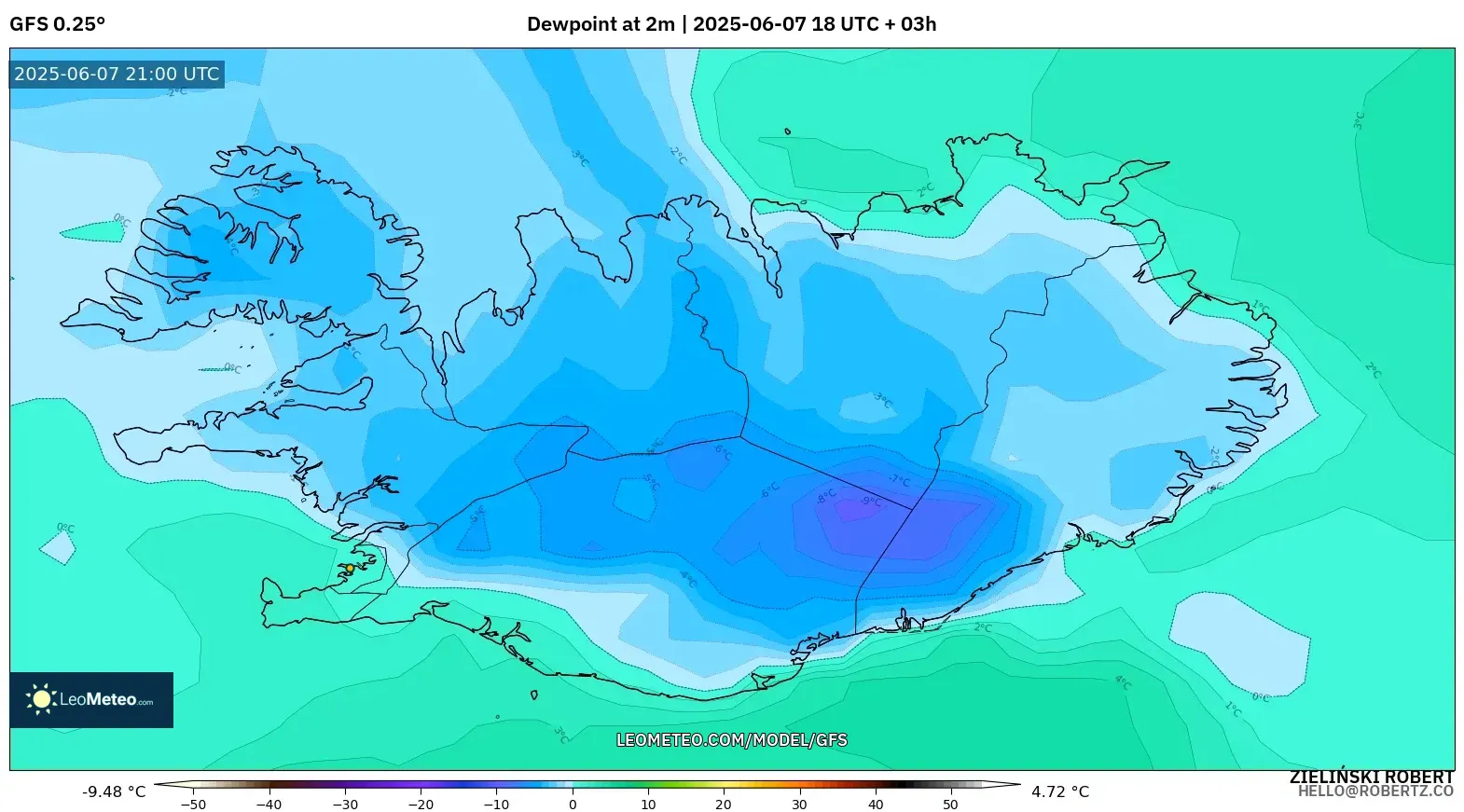 GFS model - Islandia, Titik Embun 2 m