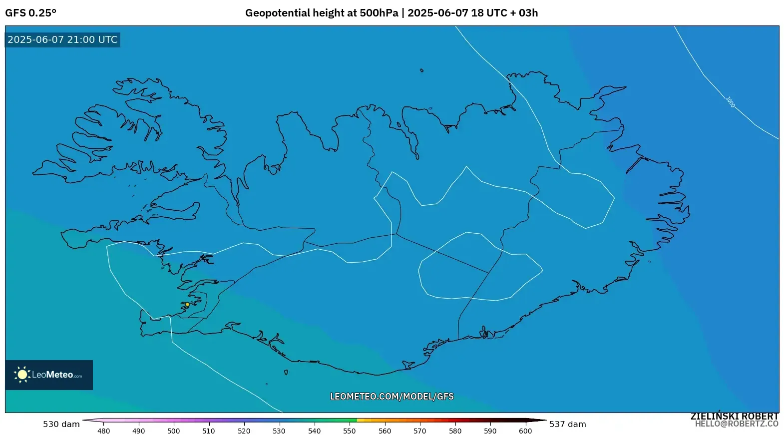 GFS model - Islandia, Ketinggian geopotensial pada 500 hPa GFS model - Islandia, Ketinggian geopotensial pada 500 hPa