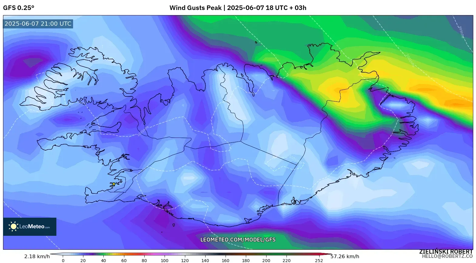 GFS model - Islandia, Puncak Hembusan GFS model - Islandia, Puncak Hembusan